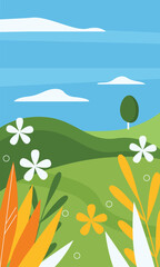 Fototapeta premium Abstract floral landscape with wild summer flowers and grass in meadow, tree on round hill vector illustration