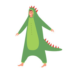 Obraz premium Young man in cute green dinosaur costume with tail, boy in kingurumi at pajama party vector illustration