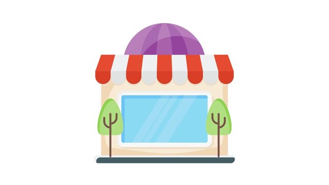 Icon of a store featuring a window, flanked by trees, representing a quaint shopping environment.