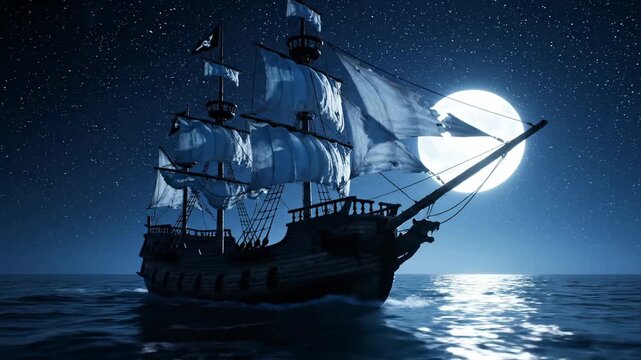 A ghostly schooner sails on the ocean under a night sky filled with stars and a luminous moon. The sails billow