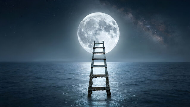 Cinematic surreal night photo of a ladder reaching to the moon from the ocean representing ambition.
