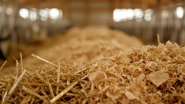Close Up View of Hay in a Dim Barn Showcasing Straw Piles and Rustic Wooden Beams.