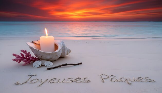 A triton shell candle holder on a Mauritian beach at sunset. Text written in wet sand. Serene tropical Easter.