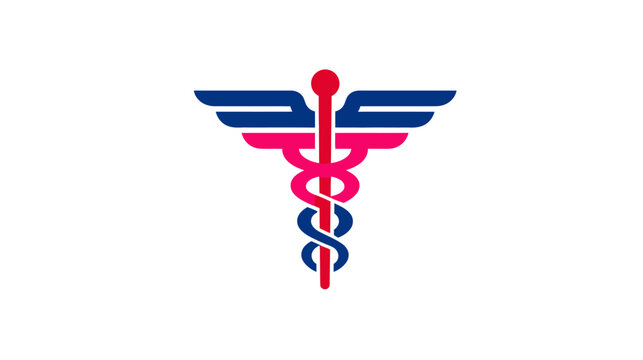 Colorful, abstract Caduceus symbol, featuring wings, staff, and intertwined snakes. Colors include red, blue, and pink