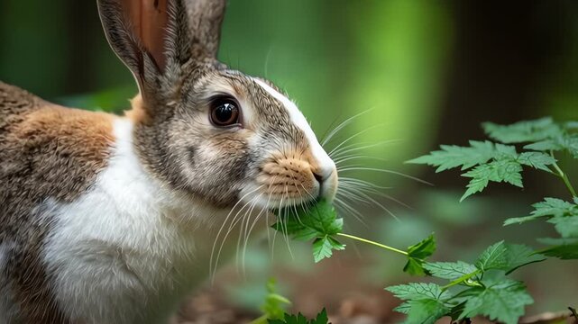 Wild Rabbit Foraging in Forest Wildlife Close Up