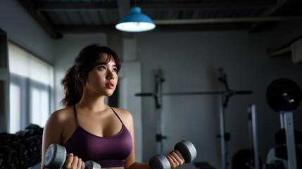 Fototapeta premium confident woman lifting dumbbells in modern gym, asian female fitness model training with weights, determined chinese woman strength training indoors