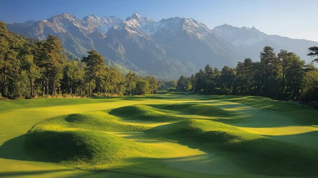A picturesque golf course nestled in a valley with undulating fairways and snowy mountains
