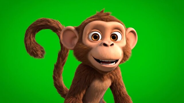 A cartoon monkey with a cheerful expression stands in front of a green background viewed from the front