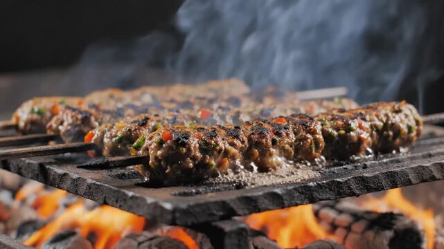 Delicious Kofta Kebabs Grilling Over Open Flames on a Barbecue.