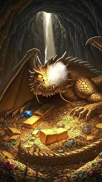 Majestic Golden Dragon Guarding a Hoard of Gold Coins and Jewels in a Dark Cave with Light Beams