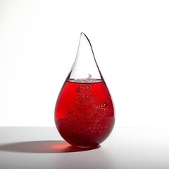 Obraz premium Drop-shaped glass alchemy vessel containing sparkling ruby liquid, internal carbonation visible, soft studio lighting, minimalist composition, isolated on white or transparent backdrop.