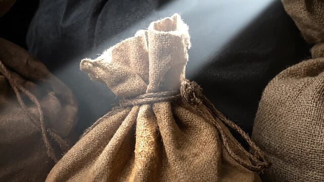 Burlap sacks gathered together tied with twine