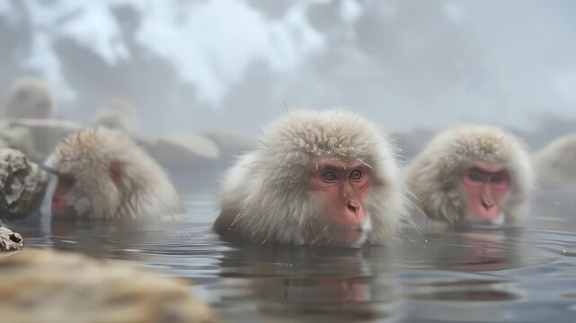 Wild Japanese Macaques Bathe in Steaming Hot Springs Onsen Japan