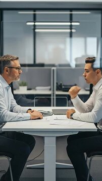 Professional Caucasian male manager in his 50s interviewing a young Caucasian male candidate in his 20s at a modern office desk with a glass partition