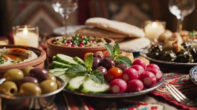 Delicious Middle Eastern Mezze Platter with Hummus Olives and Fresh Vegetables.
