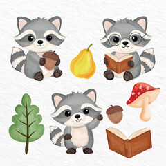Watercolor Raccoon Clipart Set with Forest Elements