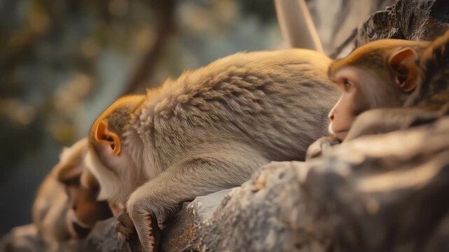 Four sleepy monkeys resting on a rock ledge in warm sunlight