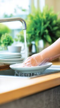 Close-up of a hand washing a bowl under a sparkling faucet, with stacked dishes and green plants in background