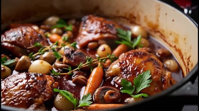 Classic French Coq au Vin with braised chicken, mushrooms, and carrots served in a cast iron pot with red wine.