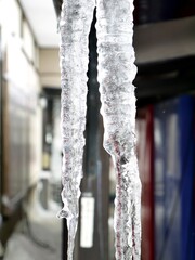 屋根から垂れ下がる氷柱