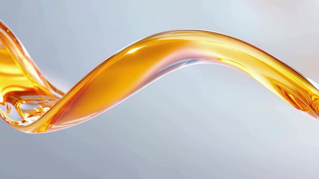 Golden translucent liquid ribbon wave flowing across soft gray background with glossy reflections