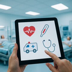 Digital interface showing medical symbols with a person interacting in a hospital setting
