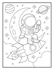 Astronaut Riding a Rocket in Space Coloring Page for Kids and Adults. Isolated Black and White Outline for Children's  Space Activity Books.