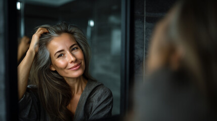 Fototapeta premium Middle aged woman with gentle smile touching hair while looking in bathroom mirror, hopeful and serene concept 