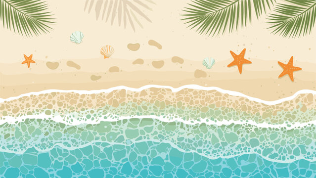 Serene top-down view of a tropical beach with turquoise waves washing over the sand with palm leaves and seashells.