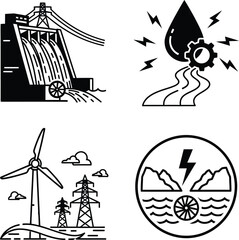 Detailed vector illustration of a modern hydroelectric power plant dam generating clean renewable energy from flowing water in a natural landscape.