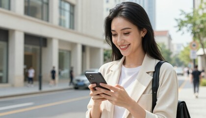Obraz premium Young woman engaged with smartphone urban street lifestyle photography bright environment candid viewpoint modern technology concept
