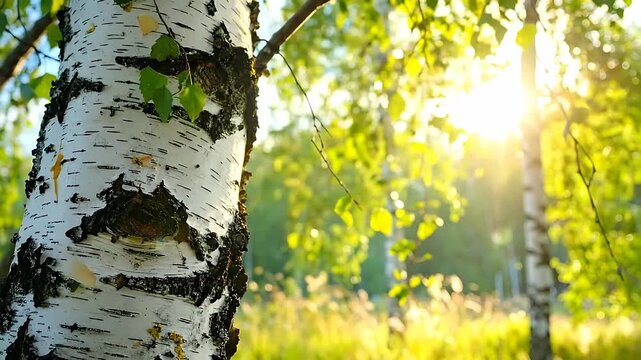 Close-up of a birch tree trunk with its distinctive bark, standing tall in a sunlit forest during summer.