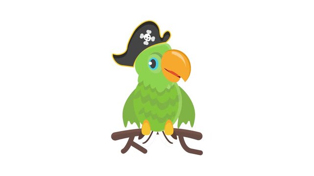 A cartoon parrot wearing a black pirate hat, with colorful feathers and a playful expression.