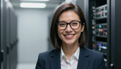 Fototapeta premium Data center professional smiling in server room corporate environment portrait photography technology concept