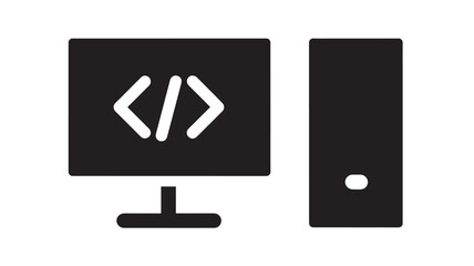 Computer programming icon with code brackets on monitor and desktop tower, black and white glyph symbol for software development, coding, IT support, and web design