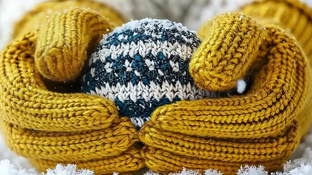A pair of yellow knit mittens cradling a blue and white patterned hat in snowy scene