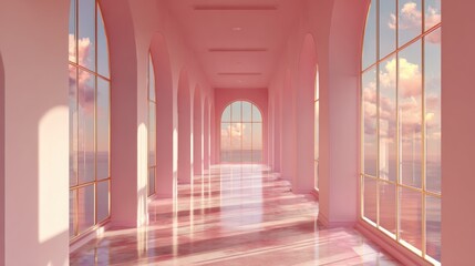 Pink hallway with arched windows and ocean view