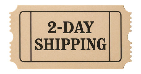 Tan ticket-shaped sticker featuring 2-DAY SHIPPING offer in bold text, appealing retail promotion sticker on transparent background.