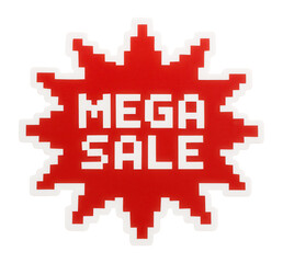 Obraz premium Red burst sticker with MEGA SALE bold text in pixel style, striking retail discount promo on transparent background.