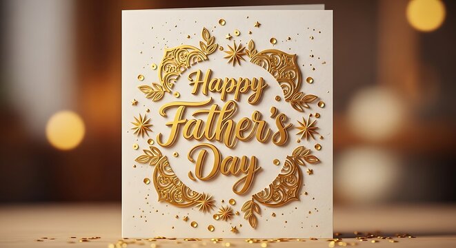 Gold Happy Fathers Day card with decorative wreath and confetti on table