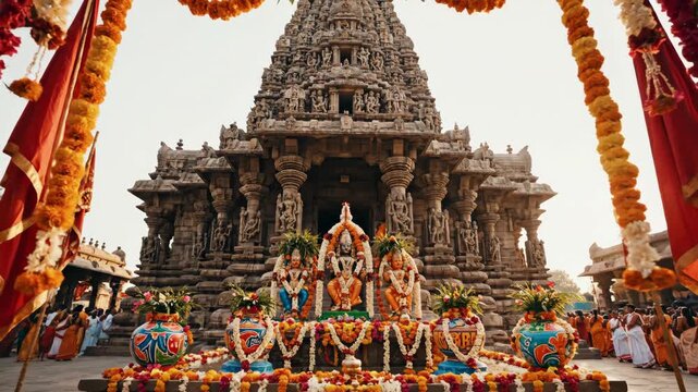 Vibrant temple festival with deities decorated in marigold flowers near ancient architecture. Temple festival features elaborate aarti ceremony and lively bhajan and kirtan festival.