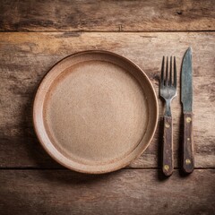 Rustic plate and cutlery on weathered wood background