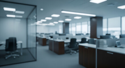 Blurred Modern Office Interior Background - Empty Corporate Workspace with Desks and Chairs