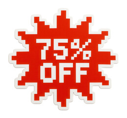 Obraz premium Bright red burst sticker with 75% OFF promotional text in bold typography, eye-catching retail discount offer on transparent background.