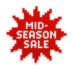 Fototapeta premium Bright red burst sticker featuring MID-SEASON SALE promotion in bold font, attractive retail discount offer on transparent background.