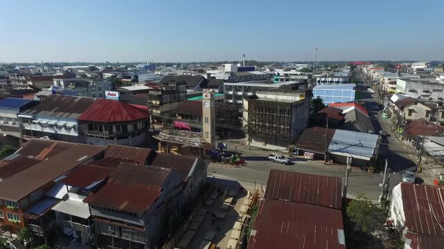 Aerial view of Nakhon Phanom city skyline along the Mekong River, Thailand.