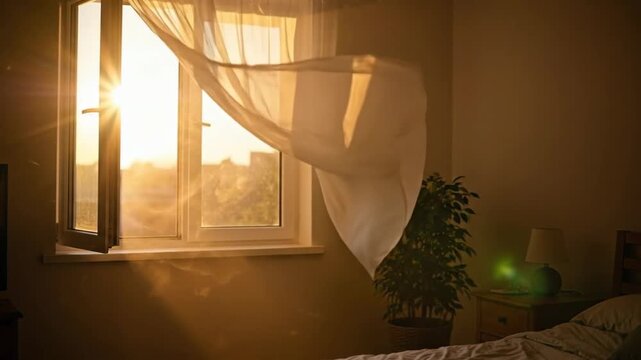 Sheer white curtain gently blows in the breeze through an open window at sunset in bedroom, creating a peaceful