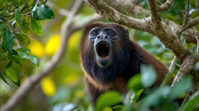 Howler Monkey Roaring in Tropical Rainforest Canopy Wildlife Close Up