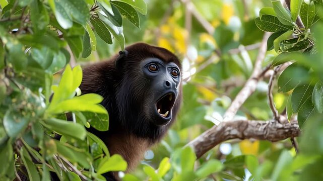 Howler Monkey Roaring Screaming in Lush Rainforest Canopy Wild Animal Close-up