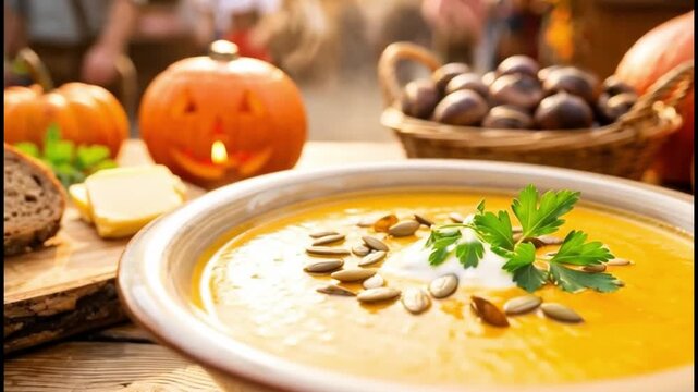 Creamy pumpkin soup with seeds and rye bread served at a festive autumn market with people in traditional costumes and Jack-o'-lanterns.